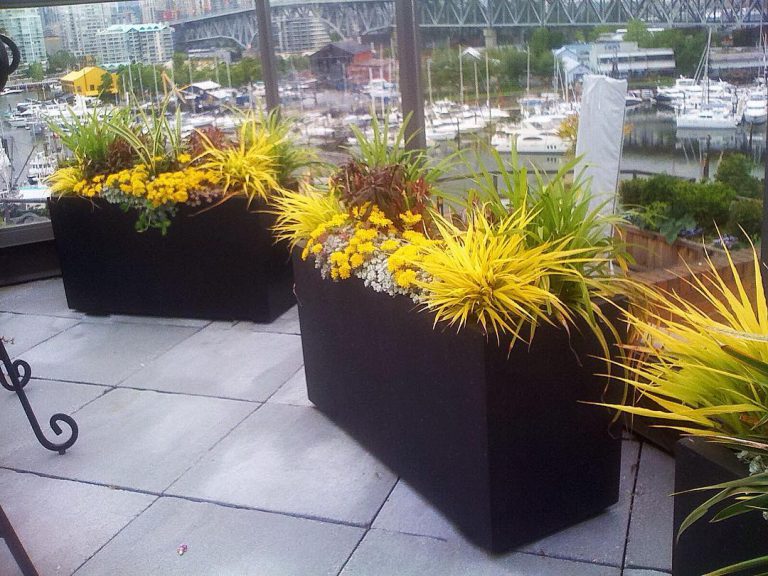 Large rectangular fiberglass planters used to define outdoor patio areas with clean, modern lines.