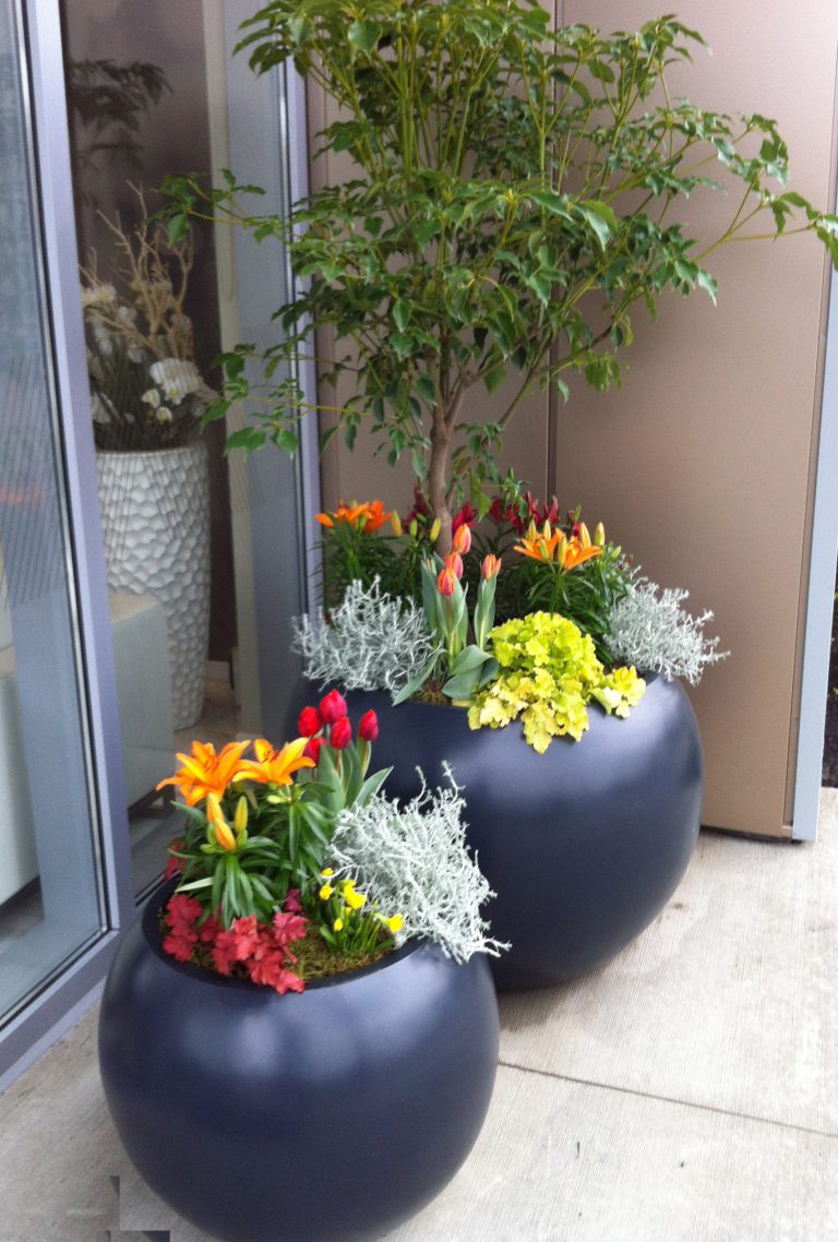 Ruby model round fiberglass outdoor planters for stunning tree and floral presentations.